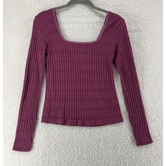 Love Tops - Y2K Top Size Large Long Sleeve Ribbed Square Neck T-Shirt Pink 90s Preppy